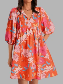Women's Summer Vacation Beach Boho Floral Mini Babydoll Dress V Neck Puff Sleeve Loose Fit Sundress With Pockets - 橘色 - 查看 2