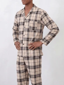 Snug League Bộ đồ ngủ nam 2 món, áo sơ mi kẻ caro dài tay cài nút và quần dài, đồ ngủ thường ngày, quần áo mùa đông - Màu be - Xem 5