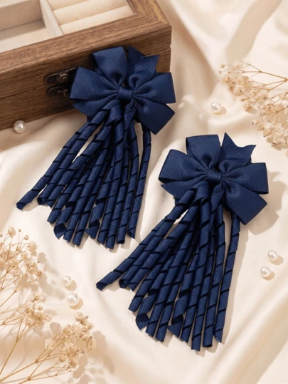 2 chiếc nơ cài tóc màu xanh hải quân cho bé gái, kẹp tóc ruy băng grosgrain lớn với tua rua xoắn ốc dài, phụ kiện tóc thời trang cho bé gái đi học và mặc hàng ngày.