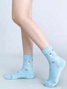 1/5 Pairs Cute Dog & Cat Design Comfortable Mid-Calf Socks, Suitable For All Seasons - Multicolor - View 6