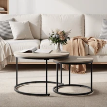Two-Piece, Nesting Coffee Table Set, Oak Veneer, Round Coffee Table With A Diameter Of 70 Cm, Metal Frame, Modern Style, Suitable For Living Room, Bedroom, Balcony. - Oak - View 4