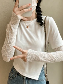 女士蕾丝防晒袖套 - 优雅透气针织面料，纯色设计，夏季外出必备 | 优美袖型 | 针织结构 - 彩色 - 查看 5
