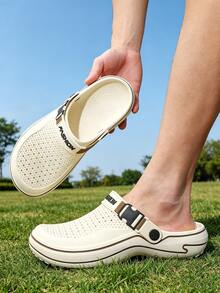 Breathable Slip-On Hollow Hole Shoes With Adjustable Heel Strap, Non-Slip Beach Sandals, Outdoor Casual Mule Slippers - White - View 3