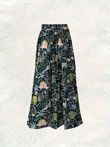 Women's Casual Printed Mid-Length Skirt, Spring/Summer - Dark Green - View 2