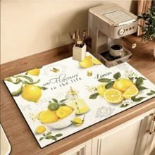 1pc Lemon Print Sink Drain Mat Drying Mat, Super Absorbent, Countertop Table Decoration, Spring Summer Floral And Lemon Drain Mat, Washable Foldable Super Absorbent, Keeps Counters Clean And Tidy, Quick Dry, Anti-Mold - FULSD254 - View 7