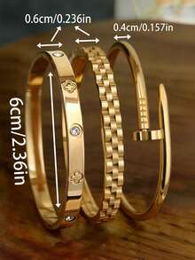 3/1pc 18K Gold Plated High Quality Stainless Steel Four Flower Gear Women Bracelet, Multi-Element Jewelry Set For Women, Featuring Chain, Gear And Four-Leaf Clover Design, Fashion Versatile, Suitable For Daily Wear, Party, Holiday, Birthday, Wedding, Valentine's Day, Also As Mother's Day Gift For Mom. Non-Fading, Suitable For Daily Wear. - Gold - View 5