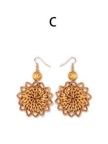 1/2pcs Set Women Summer Handmade Woven Rattan Earrings And Bracelet Set, Circular Pendant Earrings With Matching Bangle - Multicolor - View 12