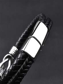 Pulsera de acero inoxidable y cuero estilo punk para hombres, pulsera retro de acero de titanio y cuero tejido a mano multicapa - Negro - Ver 3