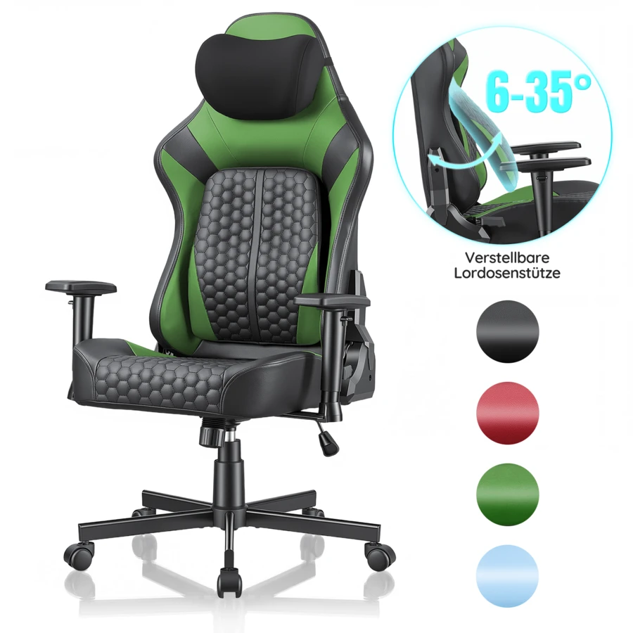 Devoko Gunji Massage Video Game Chair For Adults With Footrest, PU Leather Computer Desk Chair, Adjustable Backrest, High Back Support, Home Office Chair With Headrest And Lumbar Support - Dark Green - View 1