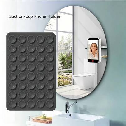 Giá đỡ điện thoại bằng silicon đen có giác hút, 40 giác hút, keo dán chắc chắn, có thể tái sử dụng, dùng được cho gương phòng tắm, vòi sen, tường bếp, chụp ảnh tự sướng & quay vlog trang điểm, tương thích với iPhone và Android.