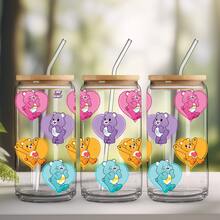 CARE BEARS 1pc Cute Glass Straw Cup With Lucky Bear & Heart Pattern, Leak-Proof, Perfect Gift For Family, Friends, Christmas, And Any Occasion - Multicolor - View 16