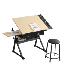 Adjustable Drawing Drafting Table Desk With 2 Drawers For Home Office And School With Stool(Maple) - A - 查看 4