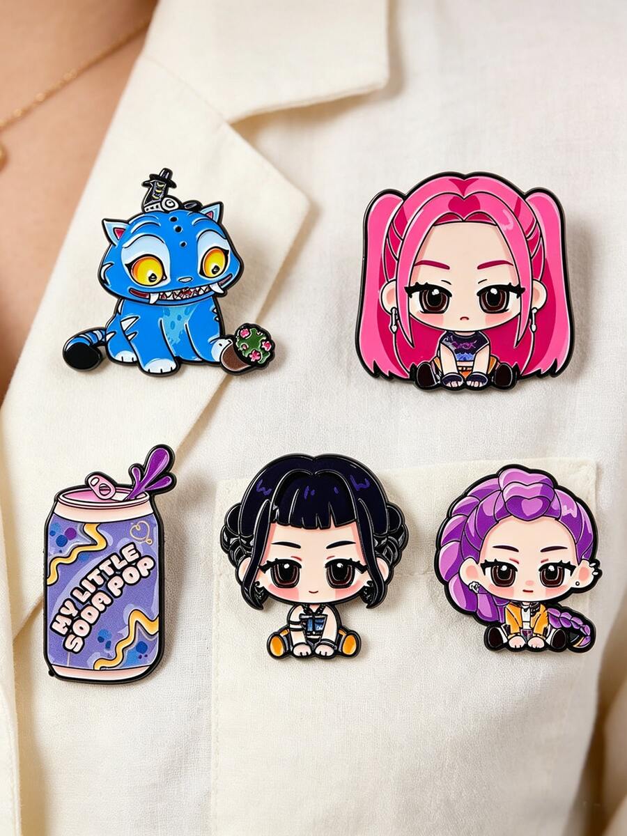 1/5件装 K-Pop 女团卡通金属徽章，创意包包/服装胸针，独特配饰 - 彩色 - 查看 1