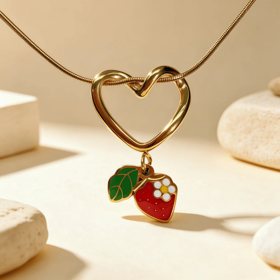1pc Versatile Gold Stainless Steel Heart & Strawberry Fruit Pendant Necklace, Suitable For Women, Suitable For Dates, Picnics And Multiple Occasions - Gold - View 1