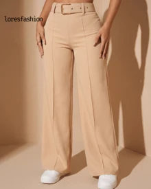Pantalón de vestir mujer cintura alta pierna ancha stretch crepé casual elegante para oficina reuniones eventos bolsillos pretina elasticada hebilla  sin transparencia , realza la silueta - Beis - Ver 6