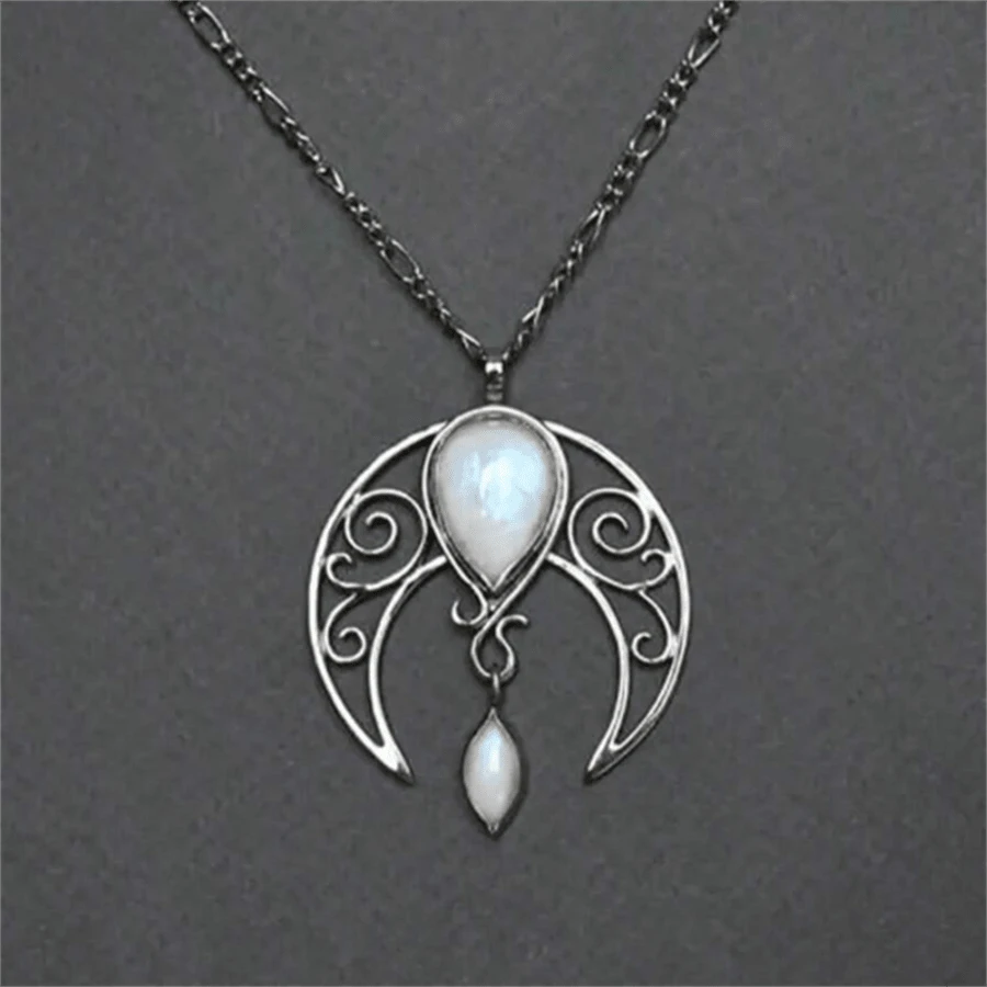 1 pieza Collar con colgante bohemio vintage de luna hueca y piedra preciosa falsa, accesorio de joyería de moda personalizada como regalo para mujer - Plata antigua - Ver 1