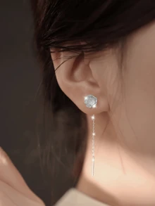 Pendientes de flor de rosa de plata de ley 925, cadena con borlas dulce, elegante de lujo, hipoalergénico, adecuado para el trabajo y la fiesta, caja de regalo - Oro blanco - Ver 5
