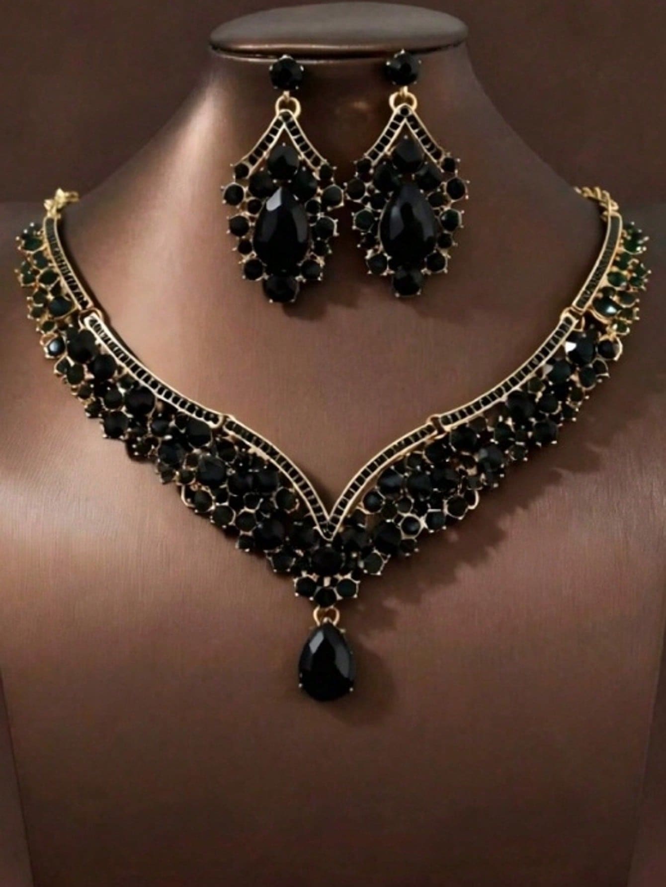 女士三件套新娘婚礼项链耳环套装及婚礼派对精致配饰组合 - 黑色 - 查看 1