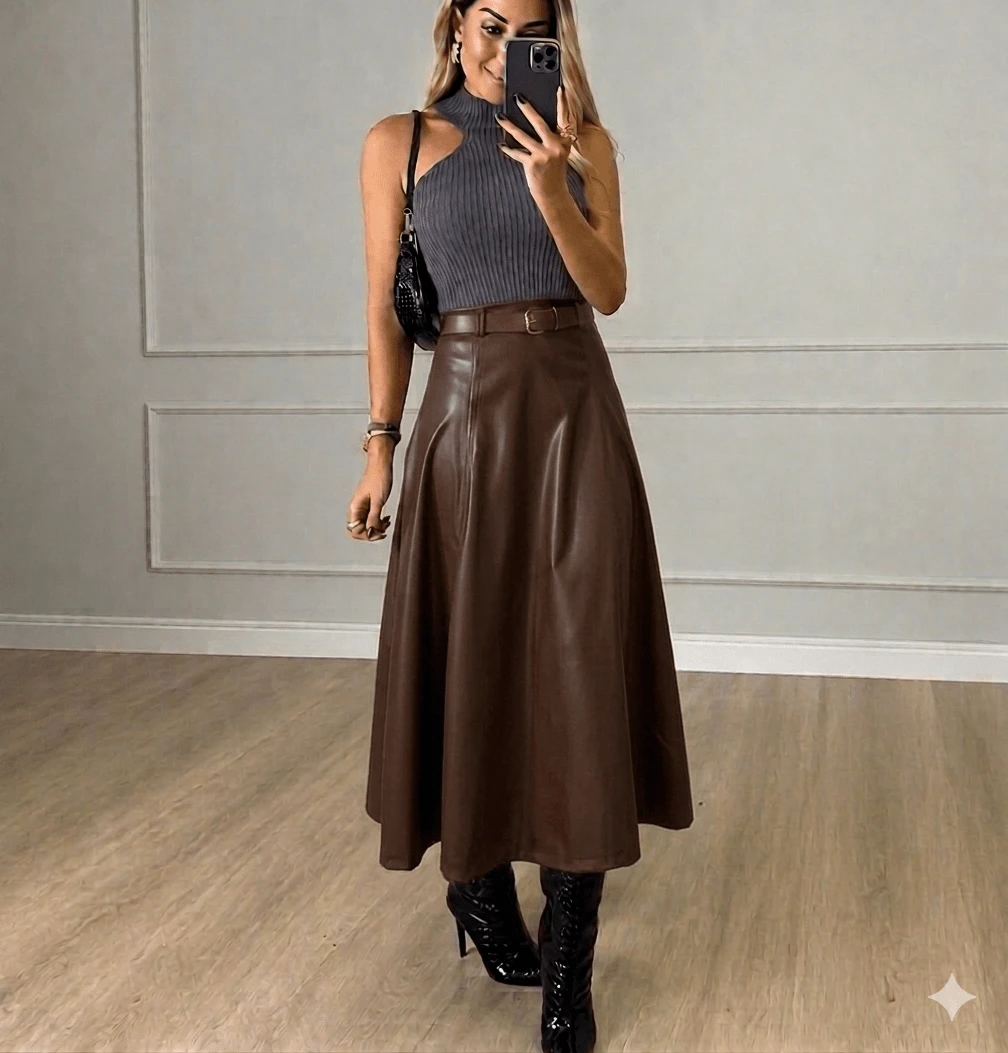 Long Faux Leather Skirt With Belt, Modest Fashion, Midi-Length, Flared, High-Waisted. - Rỉ Nâu - Xem 1