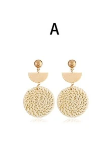 1/2pcs Set Women Summer Handmade Woven Rattan Earrings And Bracelet Set, Circular Pendant Earrings With Matching Bangle - Multicolor - View 13