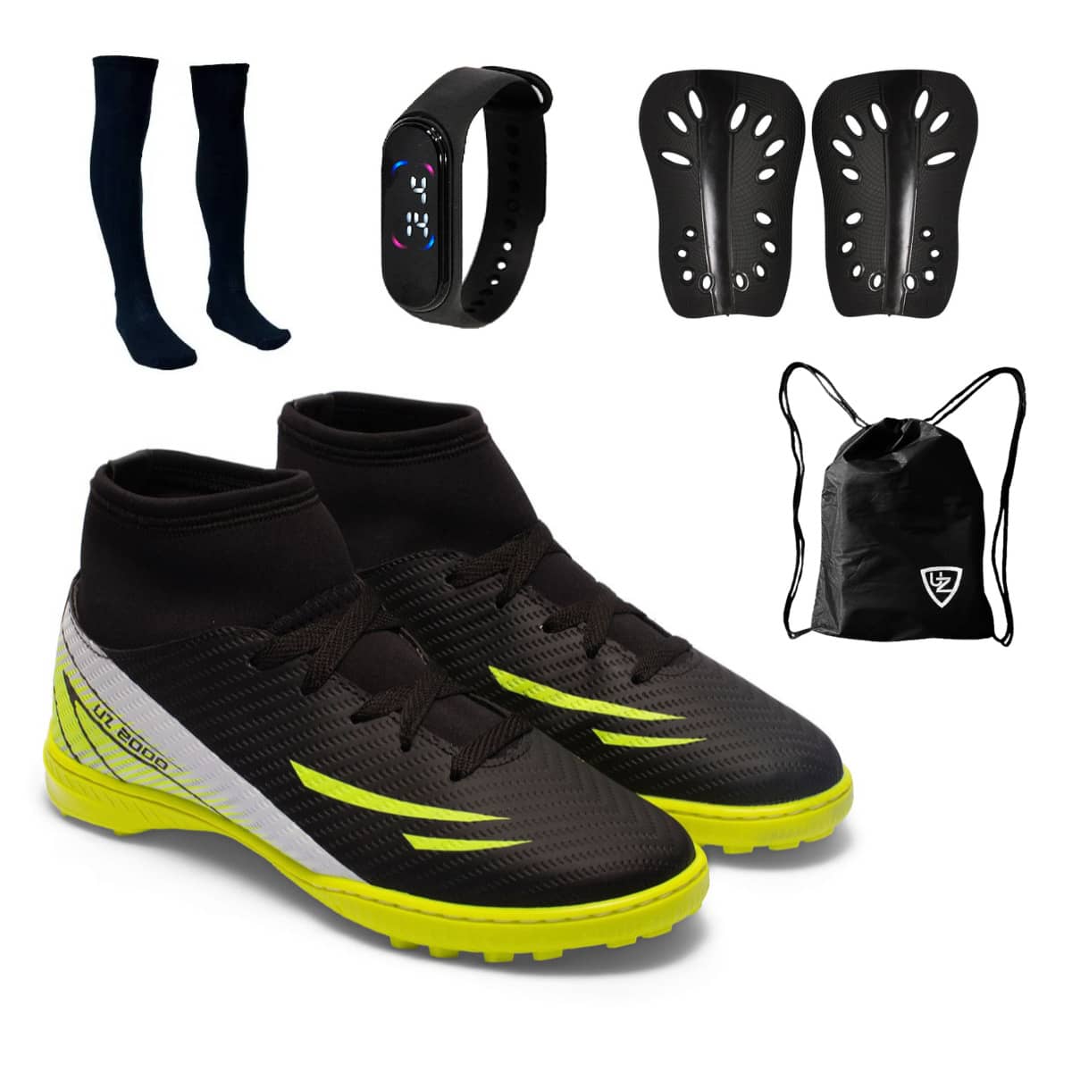 Chuteira Society UZ 2000 Cano Alto Tração Máxima Original Uzze Sport Meião Relógio Caneleira Mochila - Preto - Visão 1