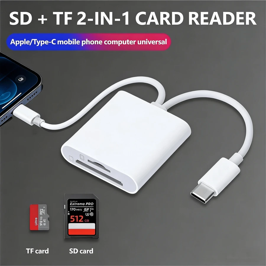 Lector de tarjetas multifuncional 2 en 1, convertidor de tarjeta SD. Adecuado para smartphone/computadora/cámara/tableta. Interfaz 2 en 1 Tipo-C/Lightning. Plug and play, velocidad de lectura rápida, alta eficiencia de oficina. - Blanco - Ver 1