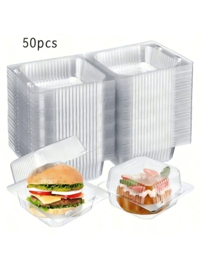 50Pcs Clear Square Hinged Plastic Food Containers, Disposable Containers With Clear Lids, Square Food Box Suitable For Desserts, Cakes, Cookies, Pasta, Sandwiches And Take-Out, Christmas Party Supplies