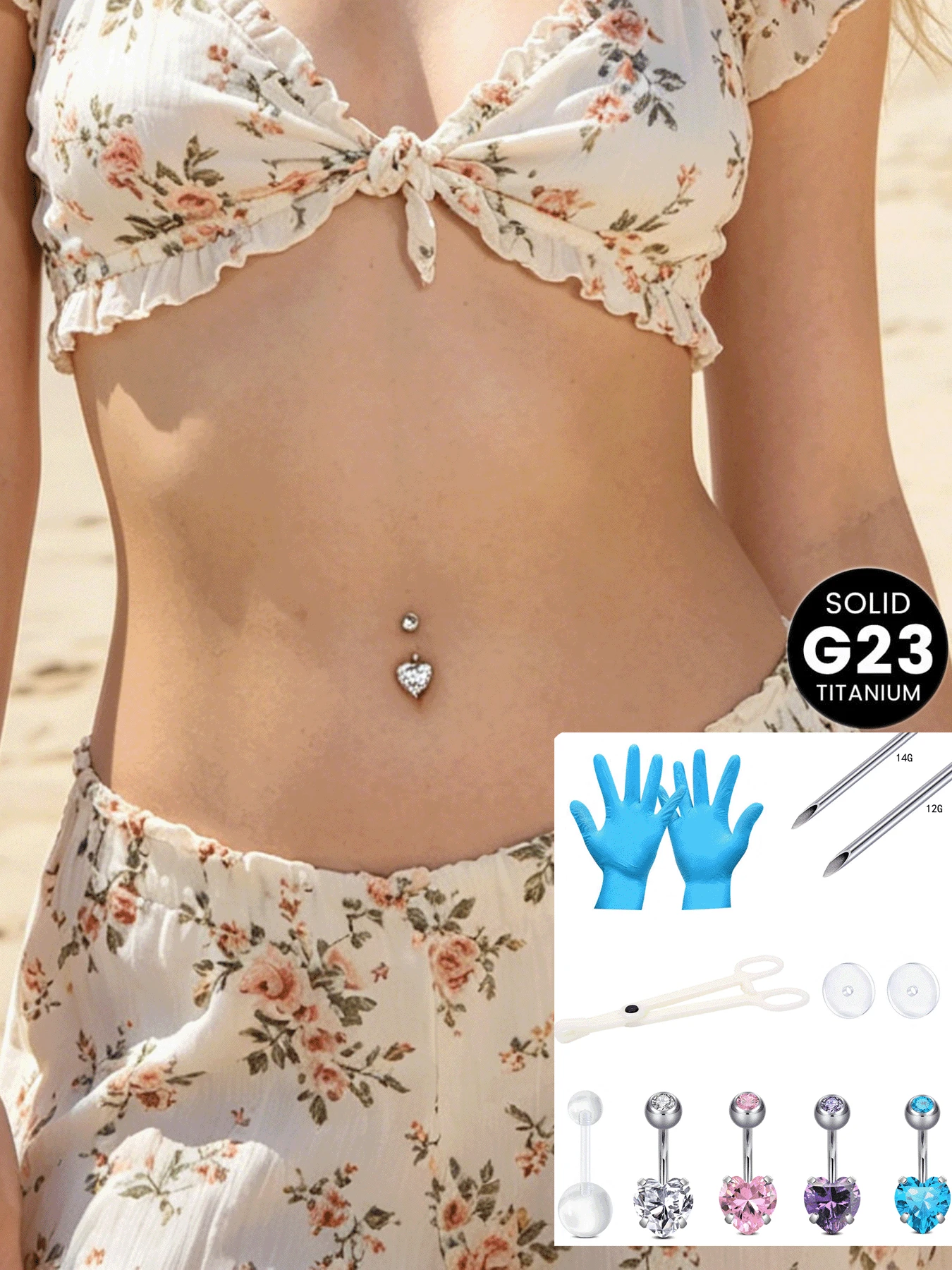 14g 10mm Navel Piercing Set, Pink, White, Colorful, Purple, Blue, Black, CZ, Silver, Gold Stainless Steel Navel Rings, Navel Piercing Jewelry For Women, Includes 1 Pair Of Blue Disposable Gloves And Clamp - Multicolor - View 1