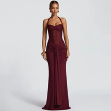 Spaghetti Strap Backless Waist Cinched High Slit Dress, Mesh Patchwork Vacation Party Dress Women's Fishtail Slip Dress Elegant Long Prom Dress Spring & Summer100% Cotton - 酒紅色 - 查看 15