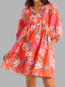 Women's Summer Vacation Beach Boho Floral Mini Babydoll Dress V Neck Puff Sleeve Loose Fit Sundress With Pockets - 橘色 - 查看 4