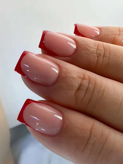 24pcs Short Square Nail Stickers Set To Instantly Upgrade Your Look! Fashionable & Elegant Cherry Wine Red French Stripe Nail Stickers, Vintage Chic Red French Pointed Tip With Baby Pink Base, Full Coverage Design, Suitable For Women And Girls. Includes 1 Adhesive Sticker Sheet And 1 Mini Nail File, Made Of Jelly Gel Material, Random Delivery. Nails Nail Supplies