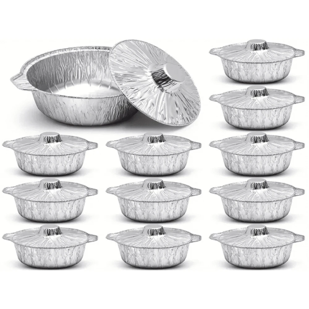 5/10pcs Disposable Round Aluminum Foil Pots With Lids, Thickened Material, Heat-Resistant & Leak-Proof, Portable Multi-Functional Disposable Cooking Containers, Suitable For Home Cooking, Camping, Picnic, Outdoor BBQ And More - Multicolor - View 1