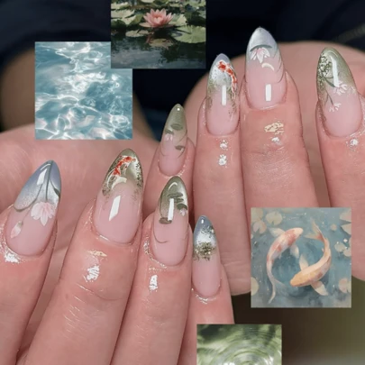 用这些美甲贴片改变你的指甲！每套包含10片长杏仁形美甲贴片，饰有传统的中国锦鲤和莲花水彩图案。非常适合日常佩戴、下午茶聚会、约会和节日庆典。