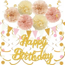 粉金色生日裝飾，生日快樂橫幅與紙製絨球、懸掛旋轉飾品、圓點花環、三角旗，適用於女性派對裝飾、婚禮裝飾、單身女派對用品、迎新派對裝飾、30歲生日裝飾、聖誕節 - 復古粉螺旋生日快樂 - 查看 2