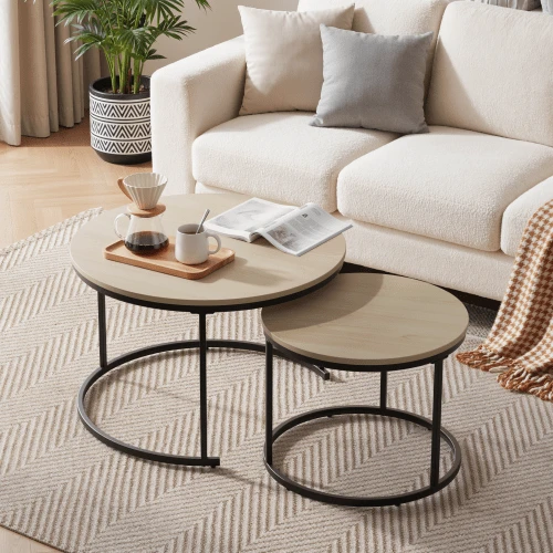 Tvådelat soffbordsset i ekfaner, runt soffbord med en diameter på 70 cm, metallram, modern stil, lämplig för vardagsrum, sovrum, balkong. - Kaki - Visa 1