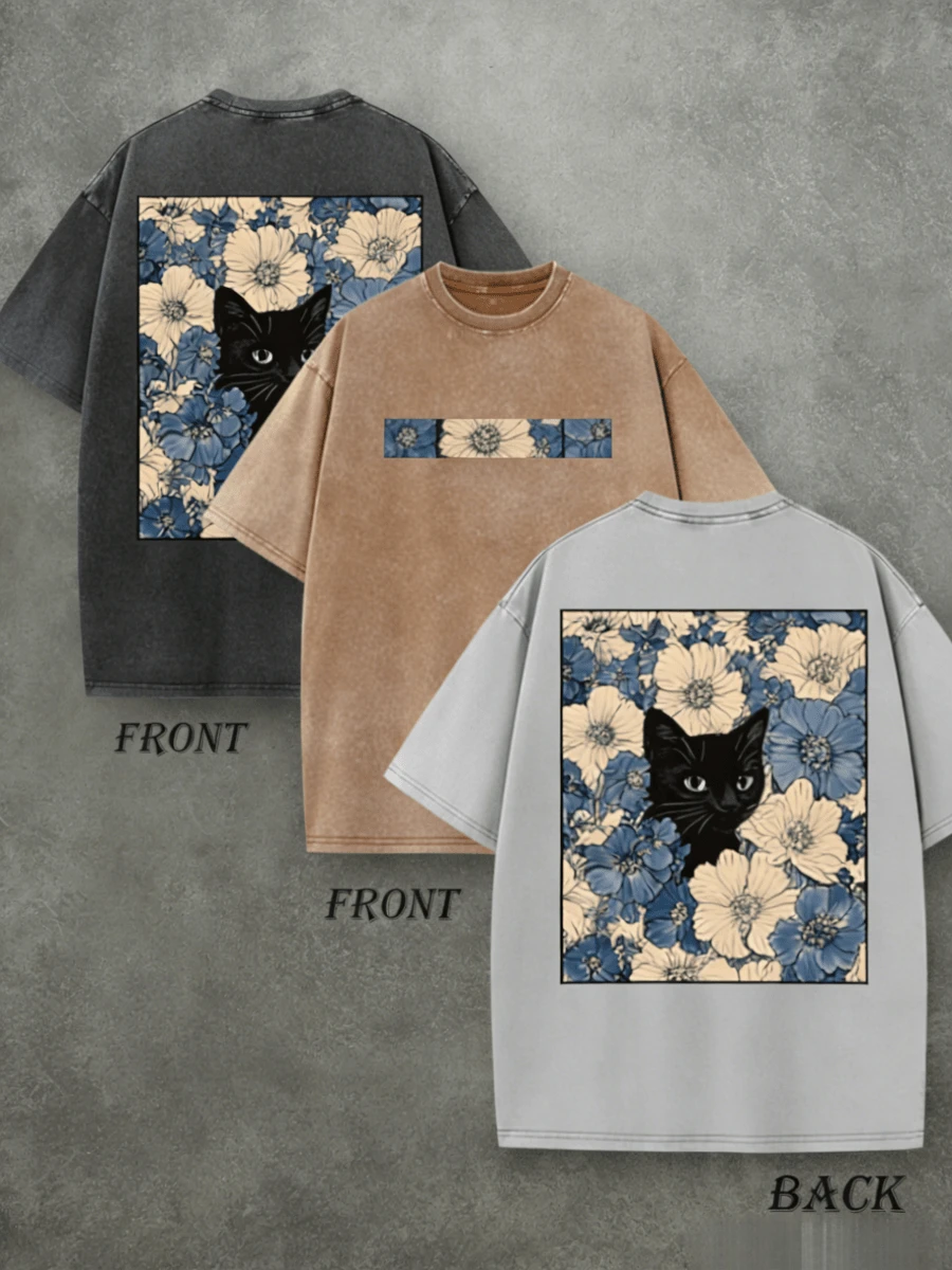 Retro Washed T-Shirt Double Sided Printed (230 Pure Cotton T-Shirt) 'Cat In The Flowers'  Cat And Flowers Pattern Print, Mens TShirt, Mens Shirt Casual, Comfortable, Fashionable T-Shirt, Street Style Cotton NJHG - BK01-Z0004-H0004 - 查看 1