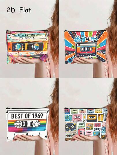 1 chiếc túi đựng mỹ phẩm in hình băng cassette cổ điển, túi trang điểm có khóa kéo in hình nhạc vintage, túi đựng đồ dùng hàng ngày khi đi du lịch, món quà hoài cổ hoàn hảo dành cho phụ nữ.