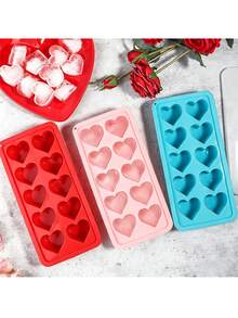 1/2/3件套心形/星形硅胶冰格模具，10孔易脱模冰块模具，适用于家庭、酒吧、KTV等场所，粉色或红色可选，心形冰块模具，一次可制作10块冰块，夏季套装 - 彩色 - 查看 12