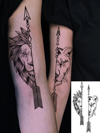 Realistic Tiger And Lion Sketch Design Temporary Tattoo Sticker, Couple Tattoo, Arrow Decor, Half-Face Animal Sketch Fashion Tattoo, Durable Waterproof Sweatproof, Applicable For Arm, Leg, Chest And Other Body Parts, Lasts 7-14 Days, Easy To Apply And Remove