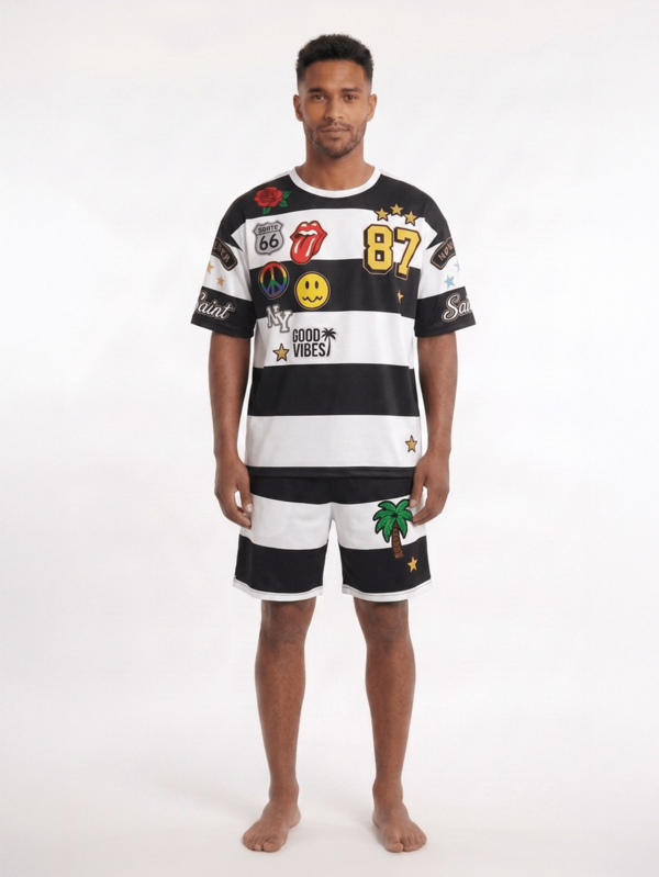 Black & White Striped Multi-Badge Symbol Round Neck Loose T-Shirt + Matching Striped Shorts 2pcs Pajama Set