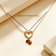 1pc Versatile Gold Stainless Steel Heart & Strawberry Fruit Pendant Necklace, Suitable For Women, Suitable For Dates, Picnics And Multiple Occasions - Gold - View 5