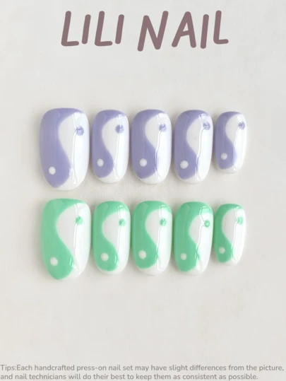 10pcs Handmade Press On Nails Short, Oval Nails, Minimalist Style INS Style, Purple Nails, Green Nails, Two-Tone Nails, Solid Color Fake Nails, Hand Painted Design, For Women & Girls Daily Commute, Party & Office Wear, Reusable Nail Set With Nail Tools, Nail Supplies