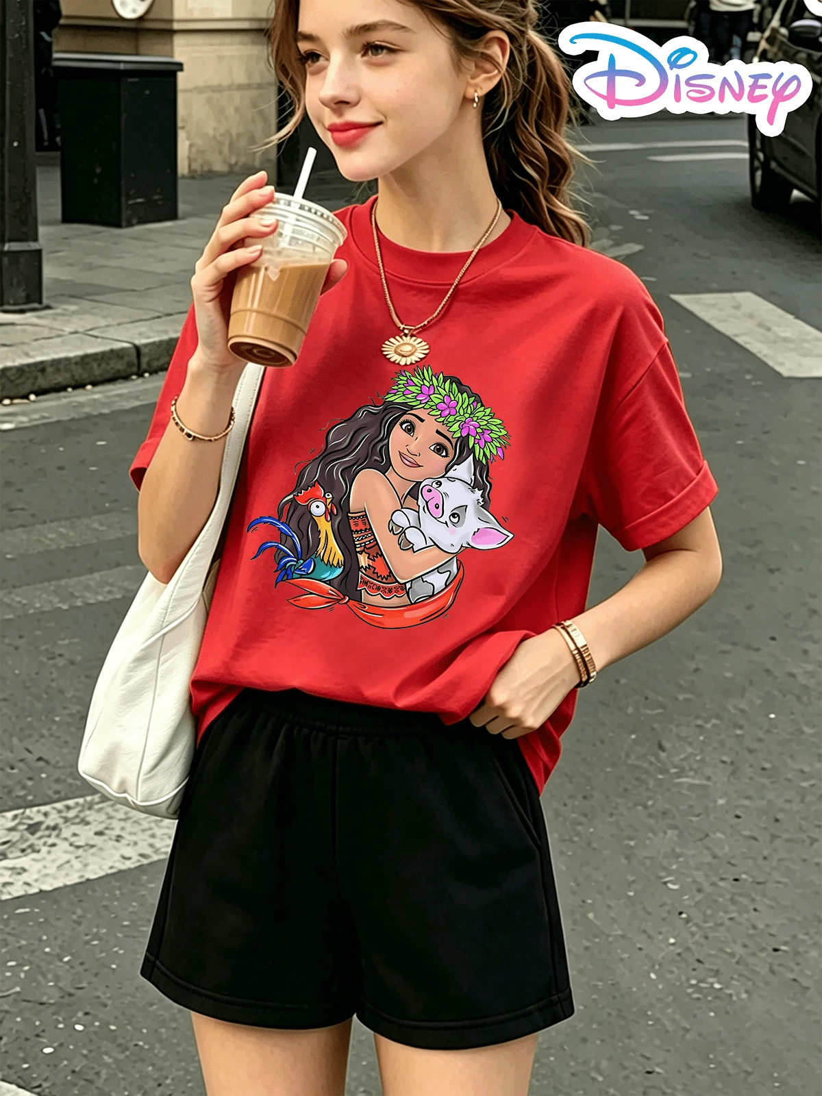 Two-Piece Disney Moana Character Print Y2K Coordinated Set For Girls. Casual Y2K Style Printed T-Shirt And Shorts. Perfect For Summer Vacations For Teenage Girls And A Great Holiday Gift Choice. (Disney T-Shirt/Teen Girl Clothes/Tween Girl Clothes/Baby Tees For Women/Girls Clothes/Toddler Girl Clothes) - 紅色 - 查看 1