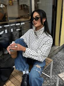 GDDYIN Women's Spring New Drawstring Zipper Polka Dot Stand Collar Casual Jacket White - White - View 5