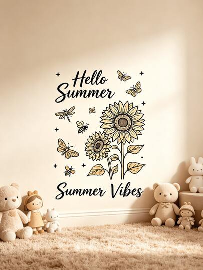 Warm-Toned Retro Sunflower, Butterfly, Bee, Star, Summer Slogan Waterproof Wall Stickers, Hot Selling Cross-Border Home Decor For Living Room, Bedroom, Dining Room, Entrance, Applicable To All Scenes