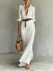 Vestido largo de mujer de oficina de unicolor, elegante y casual, ligero, con botones y pliegues delanteros, cuello en V, vestido camisa largo, tela no elástica, falda en línea A (sin cinturón) - Blanco - Ver 11