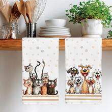 2 buah Handuk Dapur Motif Kartun Kucing & Anjing Lucu, Kain Lap Piring Bahan Poliester Lembut, Cocok untuk Dekorasi Dapur, Pembersihan, Dekorasi Pesta Liburan, Perlengkapan Dapur & Kamar Mandi, Dekorasi Rumah, Hadiah Pesta Rumah Baru - MultiWarna - View 2