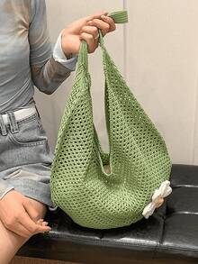 镂空编织草编包，波西米亚风沙滩手提包，大容量购物沙滩包，时尚镂空编织草编包，沙滩手提包，波西米亚风，沙滩包，休闲风，大容量，镂空手提包，度假 - 綠色 - 查看 10
