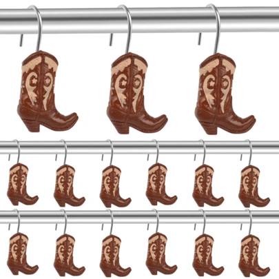 12pcs Western Cowboy Boot Shower Curtain Hooks, Country Style Cowboy Boot Decorative Shower Curtain Hooks, Curtain Rings, Bathroom Accessories, Shower Curtain Hooks
