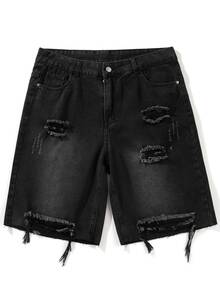 American Retro Distressed Frayed Denim Shorts, Men's Loose Straight LegBermuda Shorts - Black - View 4